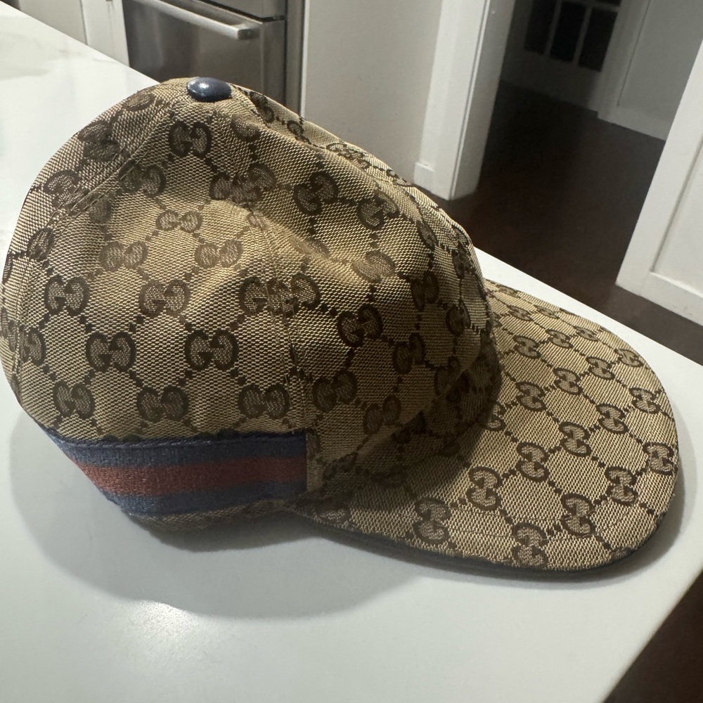 Gucci Tan & Blue GG Monogram Baseball Cap with Blue Leather Trim